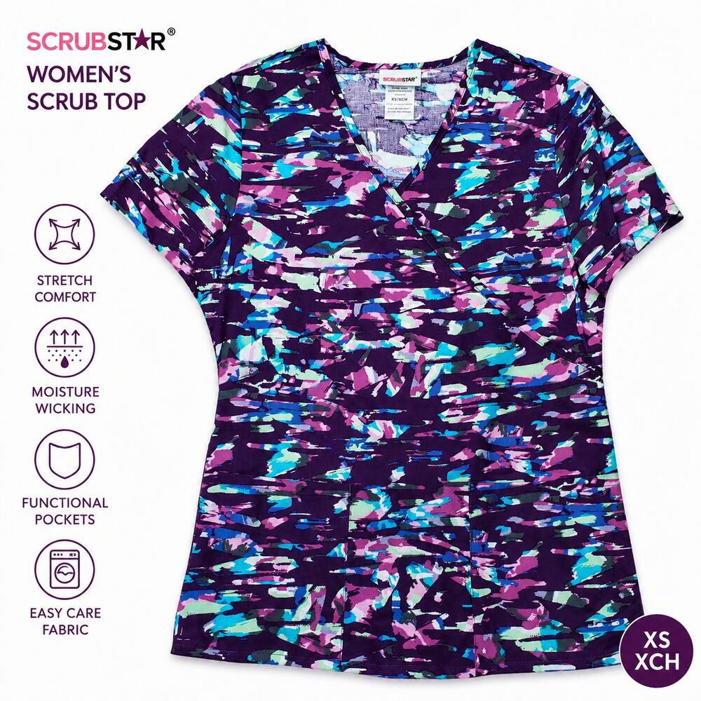 Scrubstar Purple Abstract V Neck Scrub Top XS NWT Modern Stretch Career Nurse